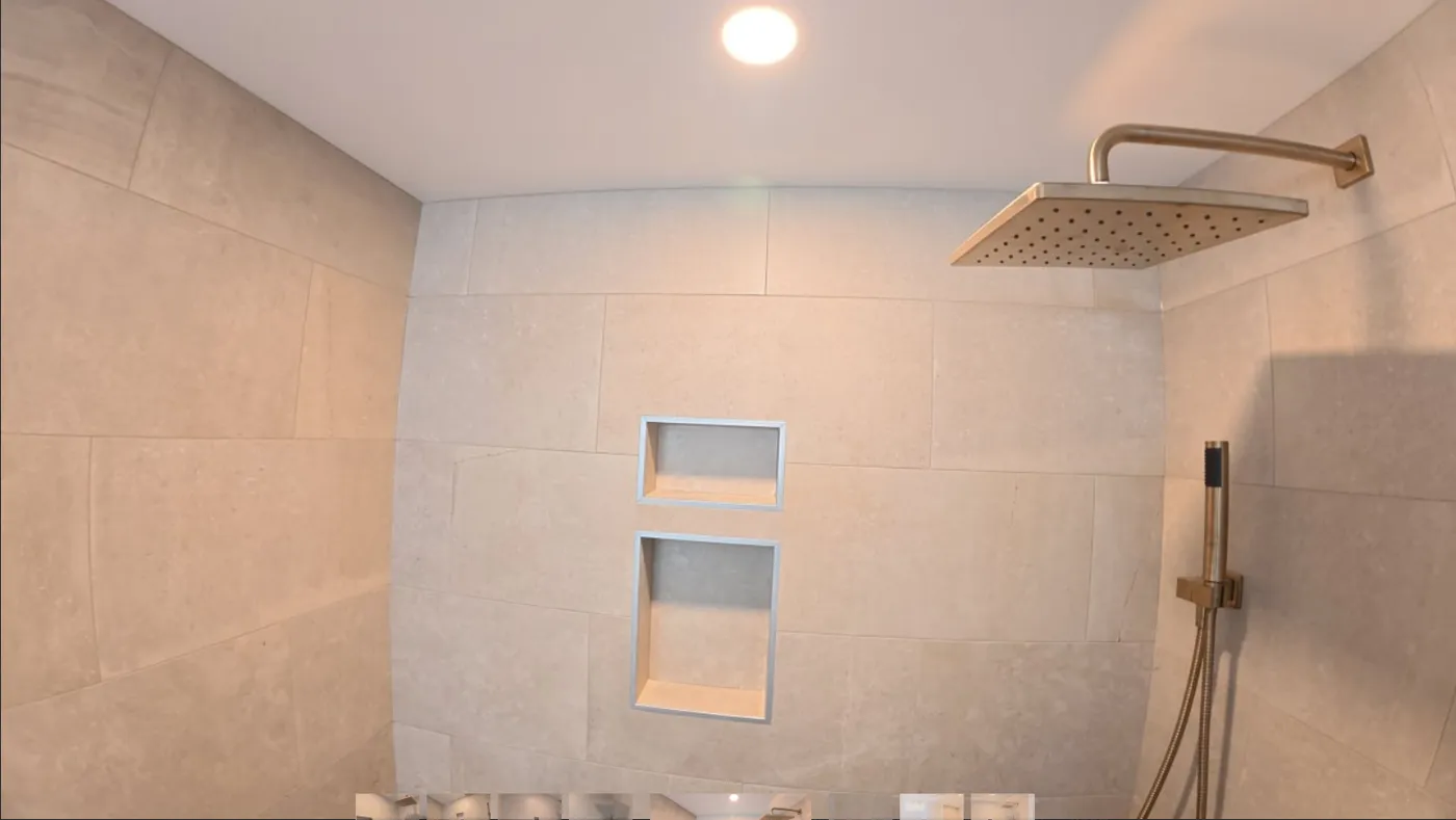 Large-format porcelain tile bathroom floor and walls — luxury bath remodel in Victoria, BC