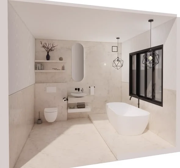 3D rendered bathroom design overview showing tiled walls, vanity and walk-in shower layout