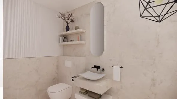 3D close-up of floating vanity with backlit mirror and tile accent wall